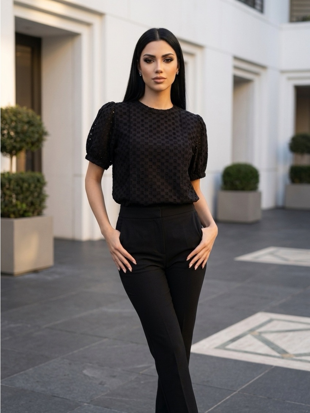 Elizabeth and James Black Eyelet Textured Puff-Sleeve Blouse